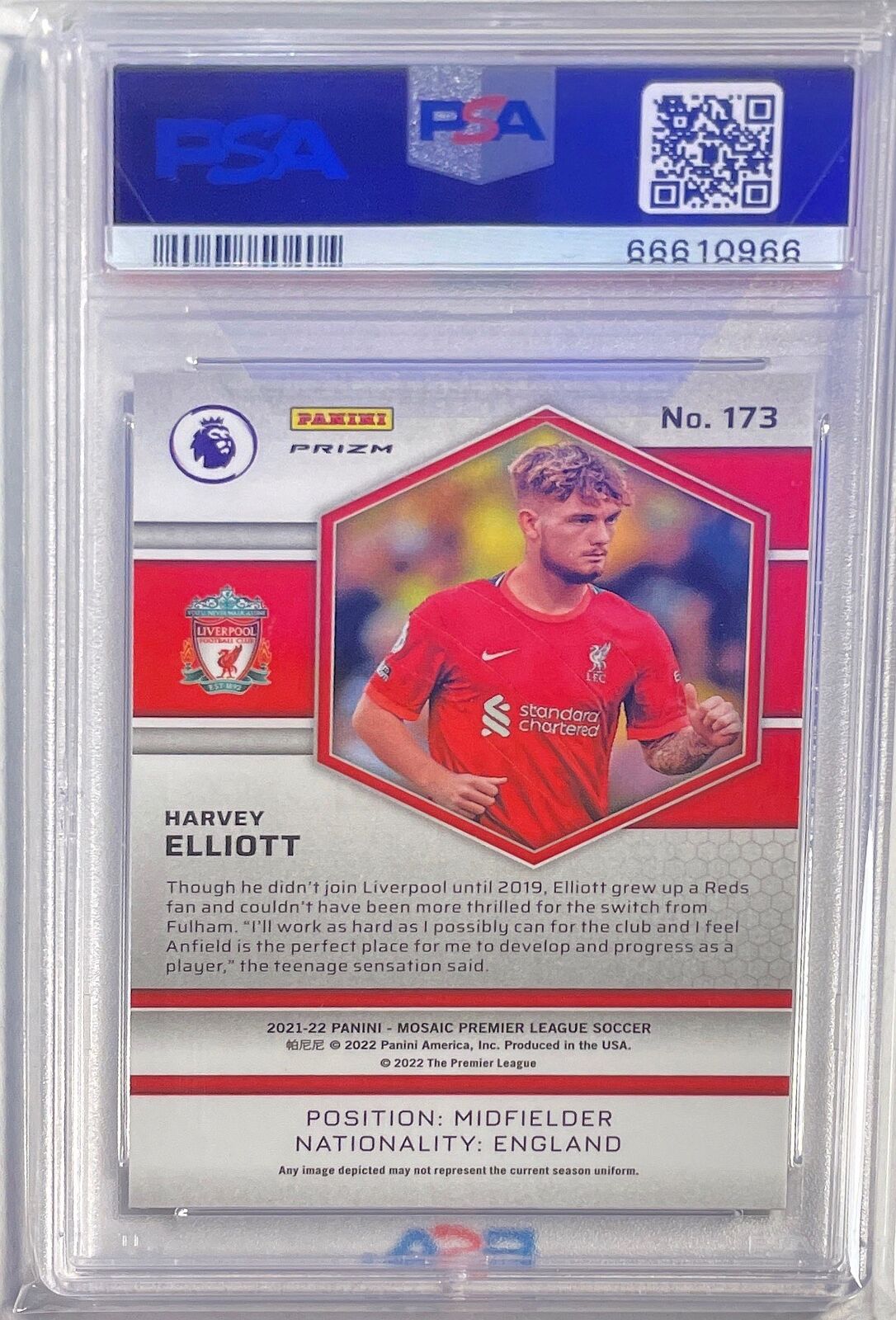 HARVEY ELLIOTT 2021-22 MOSAIC EPL SILVER PRIZM ROOKIE RC #173 PSA 10 GEM POP 5