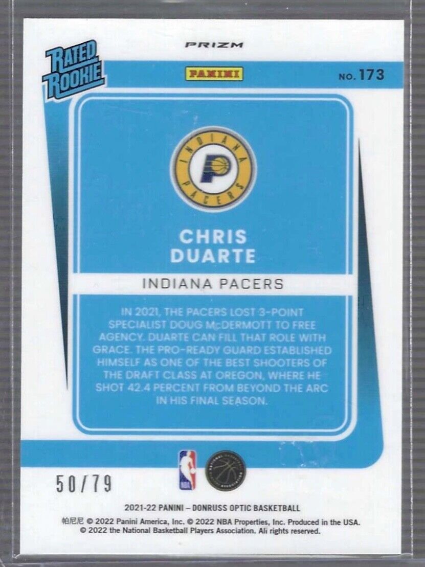 CHRIS DUARTE 2021-22 PANINI DONRUSS OPTIC PINK VELOCITY PRIZM ROOKIE RC #D 50/79