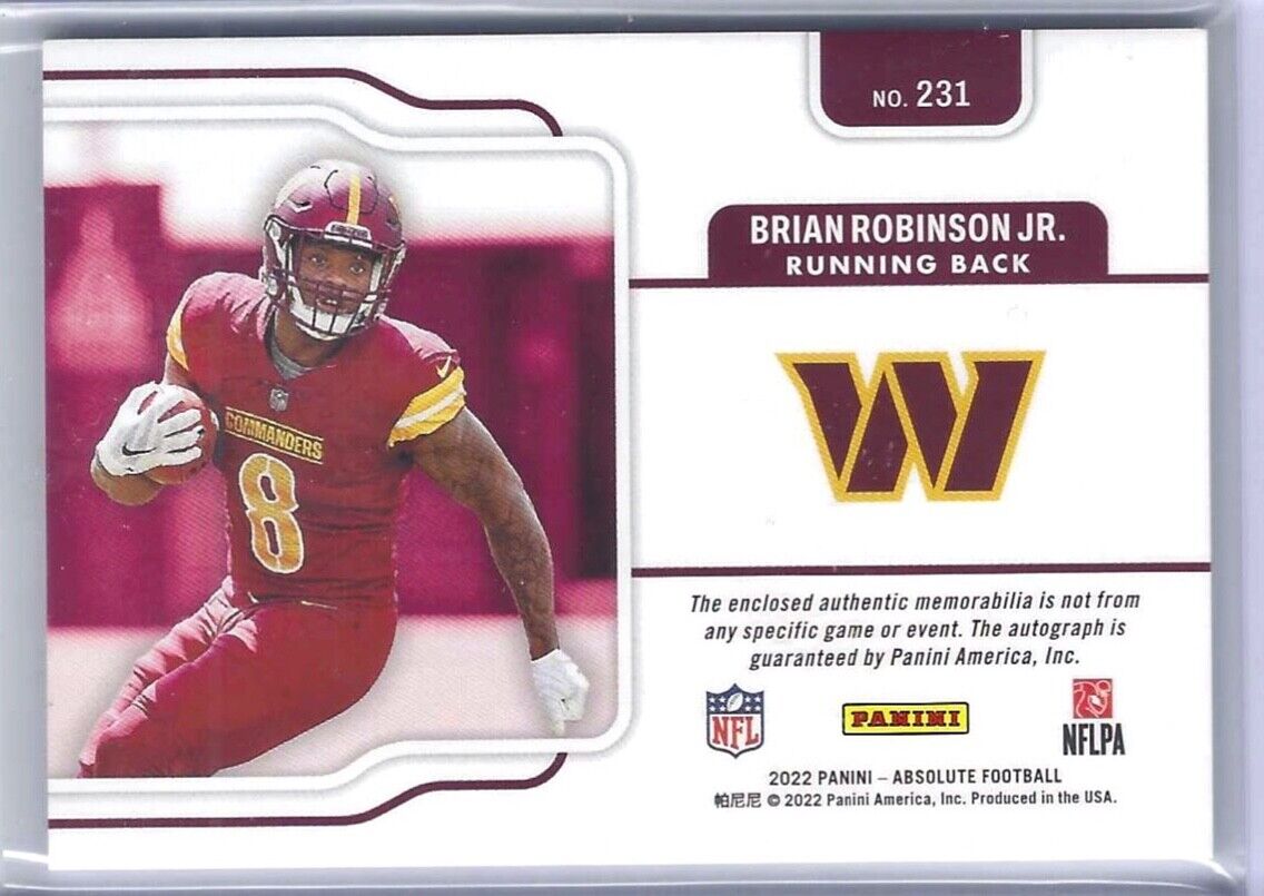BRIAN ROBINSON JR 2022 PANINI ABSOLUTE ROOKIE TRIPLE PATCH AUTO RC #D 343/399