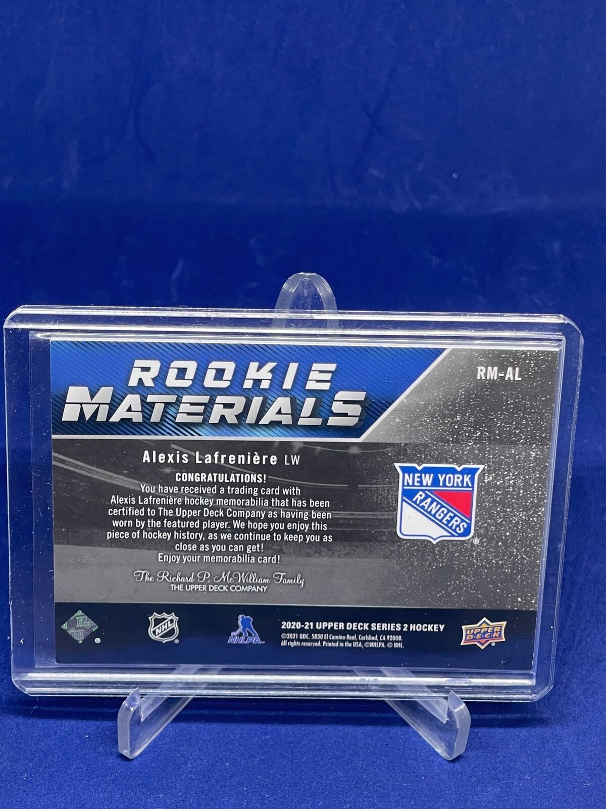 ALEXIS LAFRENIERE 2020-21 UPPER DECK SERIES 2 ROOKIE MATERIALS JERSEY CARD RC