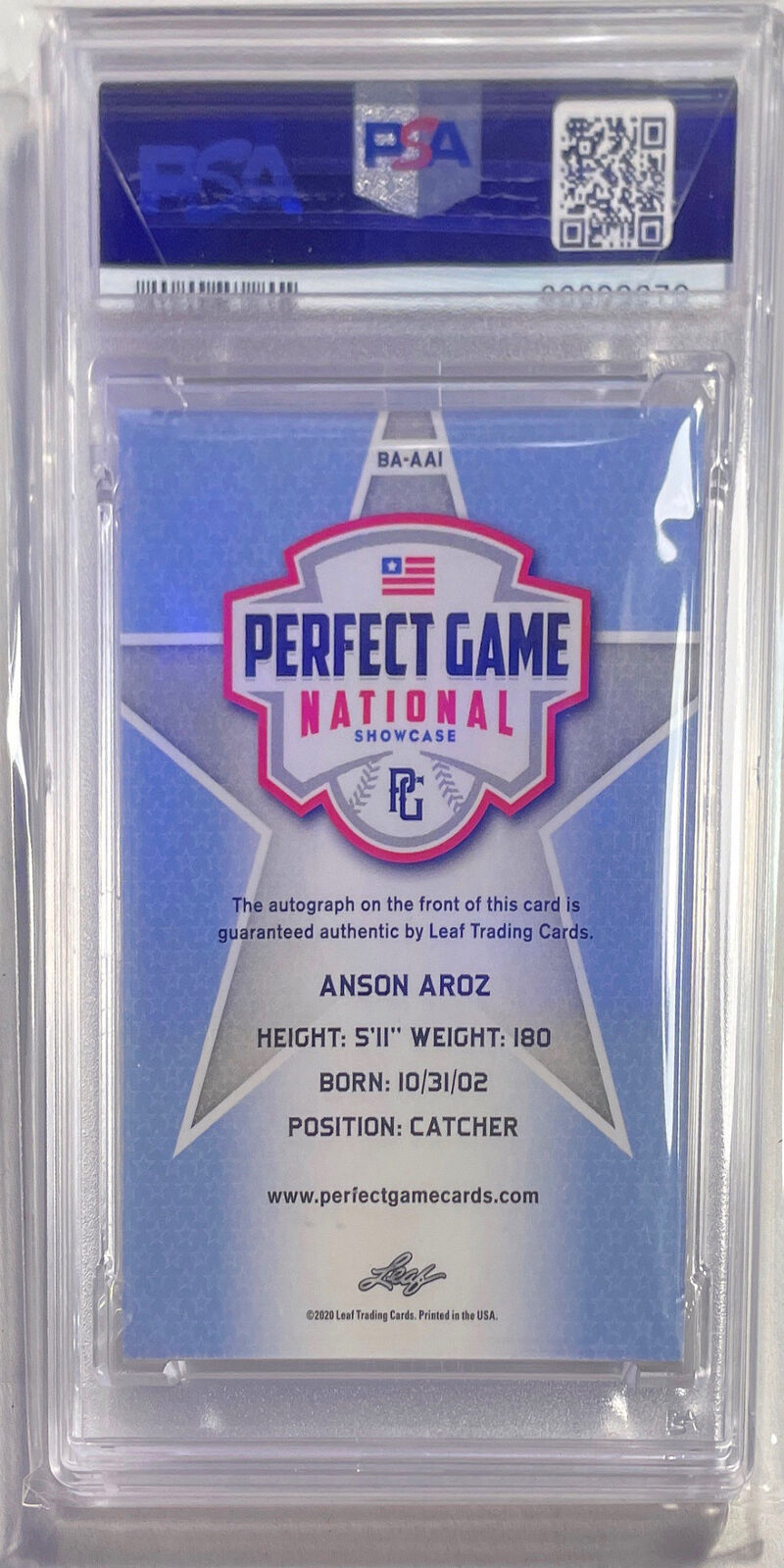 ANSON AROZ 2020 LEAF PERFECT GAME NATIONAL PURPLE AUTO #D 1/1 PSA 10 GEM POP 1/1