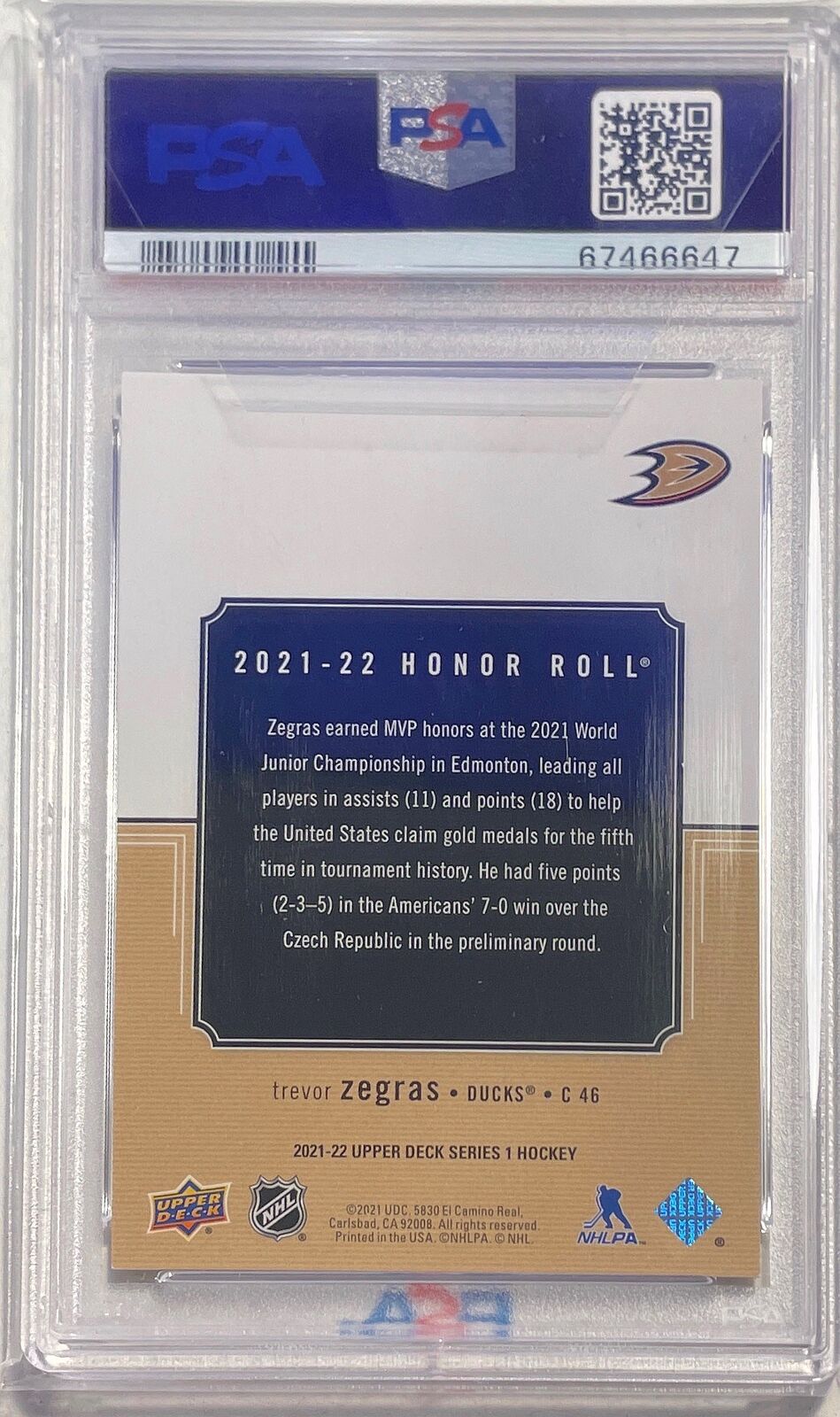 TREVOR ZEGRAS 2021-22 UPPER DECK HONOR ROLL RAINBOW RC #D 115/250 PSA 9 POP 3