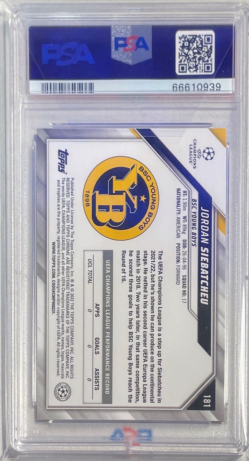 JORDAN SIEBATCHEU 2021 TOPPS CHROME BLACK WHITE RAYWAVE REFRACTOR RC #181 PSA 10