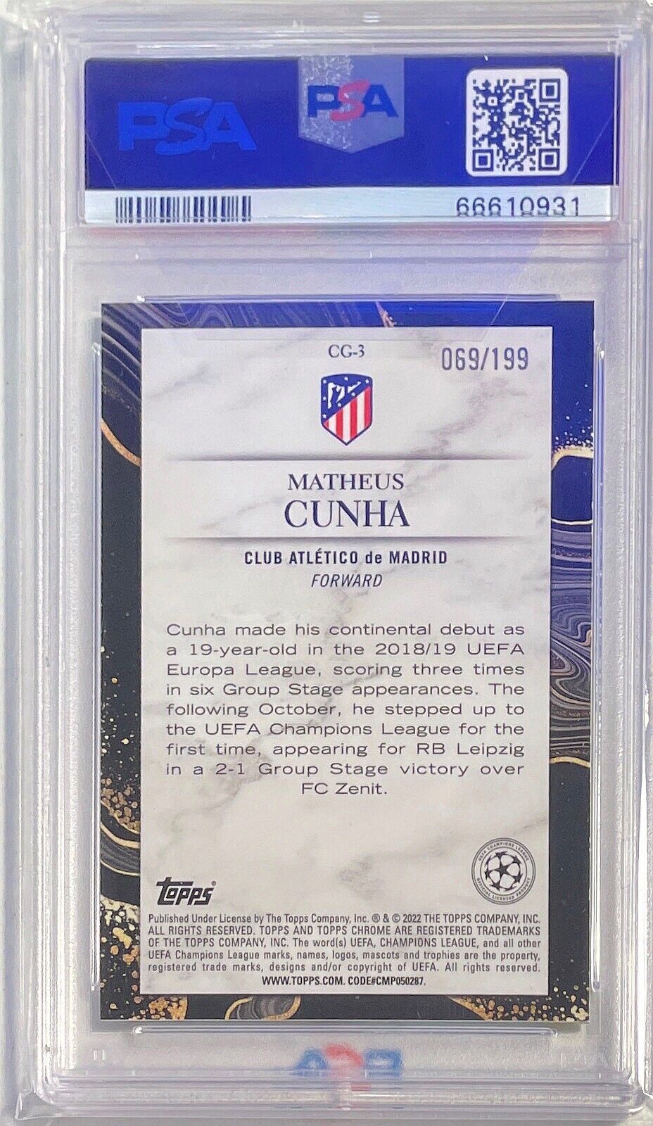 MATHEUS CUNHA 2021 TOPPS CHROME CHASING GLORY AQUA REFRACTOR /199 PSA 10 POP 1/1