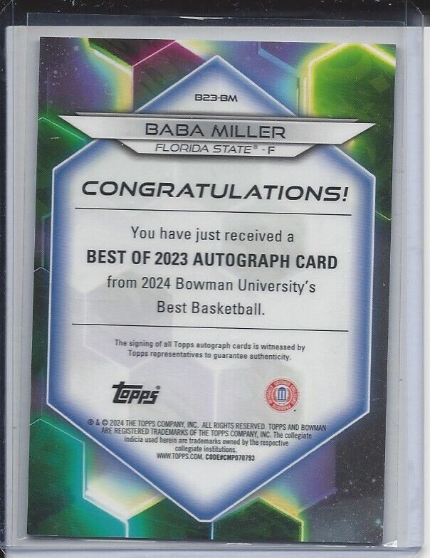 BABA MILLER 2023 BOWMANS BEST UNIVERSITY FLORIDA STATE REFRACTOR AUTO #D /125