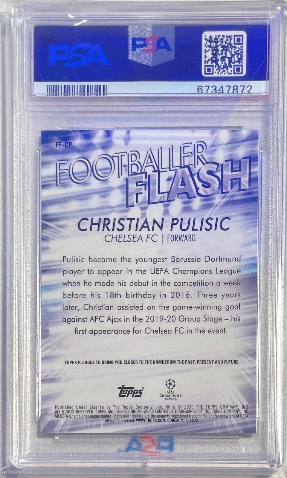 CHRISTIAN PULISIC 2019-20 TOPPS CHROME UCL FOOTBALLER FLASH CASE HIT PSA 10 GEM