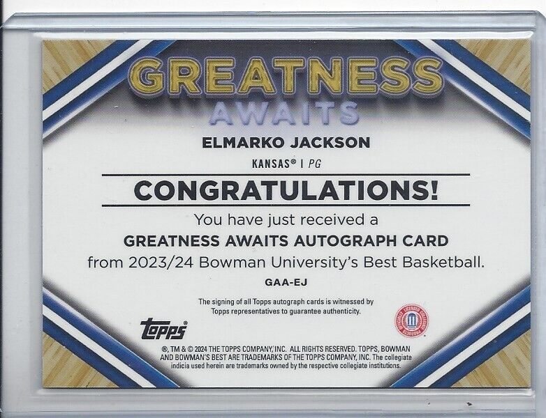 ELMARKO JACKSON 2023 BOWMANS BEST GREATNESS AWAITS REFRACTOR ON CARD AUTO #D /75