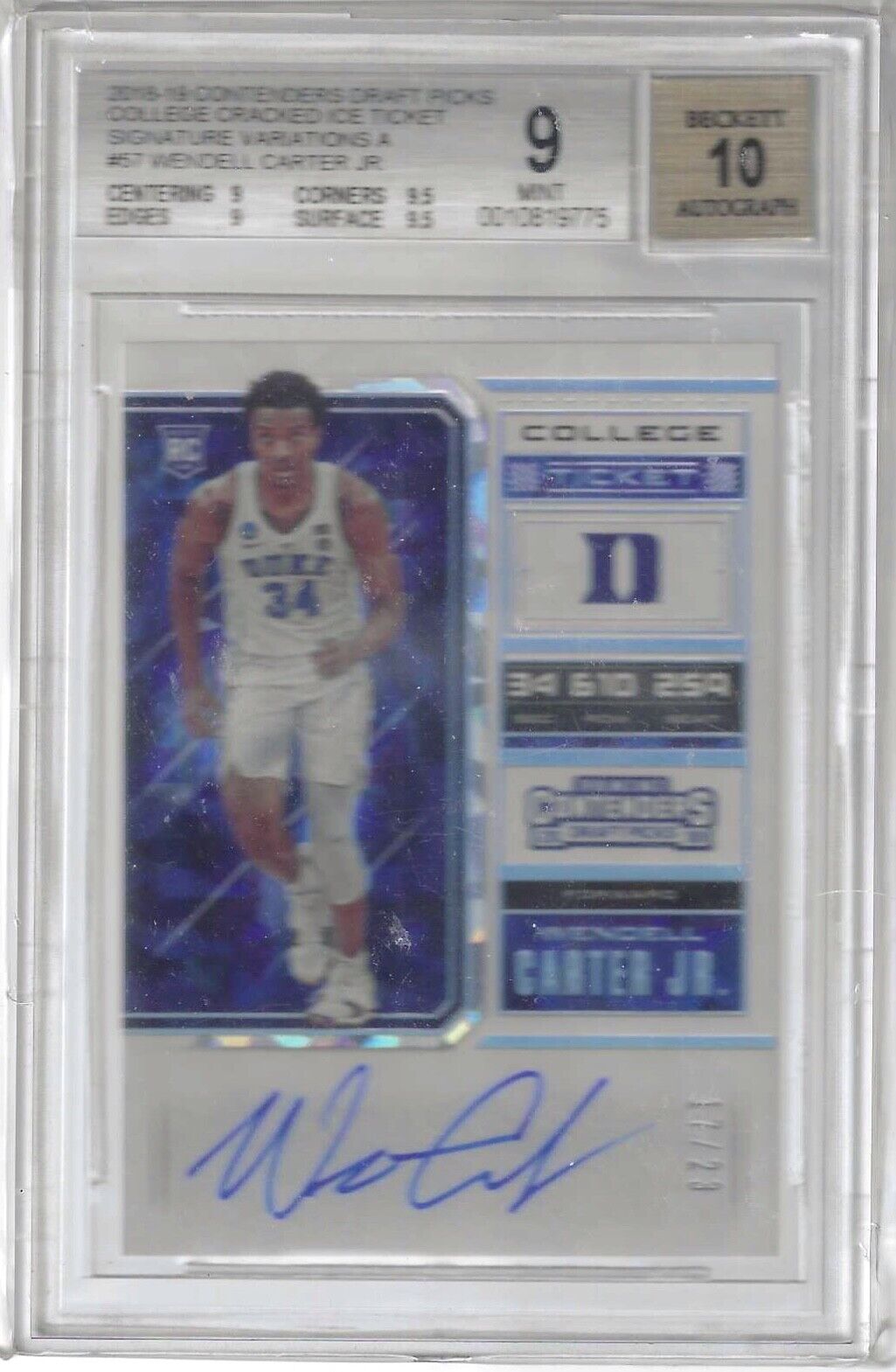 WENDELL CARTER JR 2018 CONTENDERS DP CRACKED ICE AUTO /23 BGS 9 10 AU POP 1/1