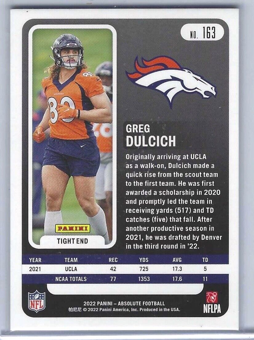 GREG DULCICH 2022 PANINI ABSOLUTE ORANGE FOIL ROOKIE RC #D 22/75