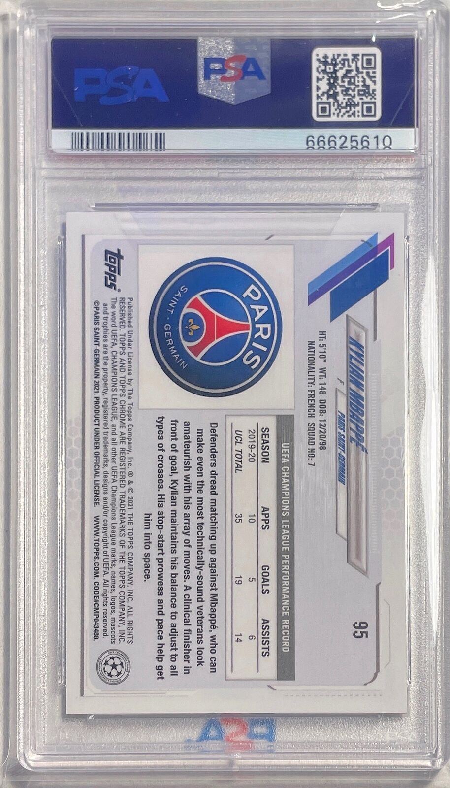 KYLIAN MBAPPE 2020-21 TOPPS CHROME UCL SPECKLE REFRACTOR #95 PSA 10 GEM POP 7