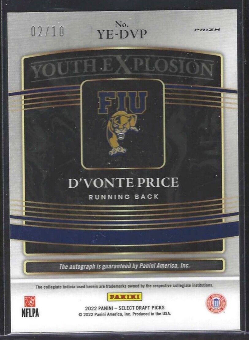 D'VONTE PRICE 2022 PANINI SELECT GOLD PRIZM YOUTH EXPLOSION AUTO RC #D 02/10