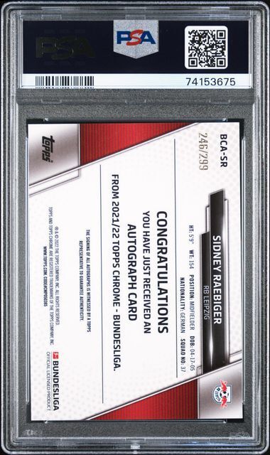 SIDNEY RAEBIGER 2021 TOPPS CHROME BUNDESLIGA BLUE REFRACTOR AUTO RC /299 PSA 10