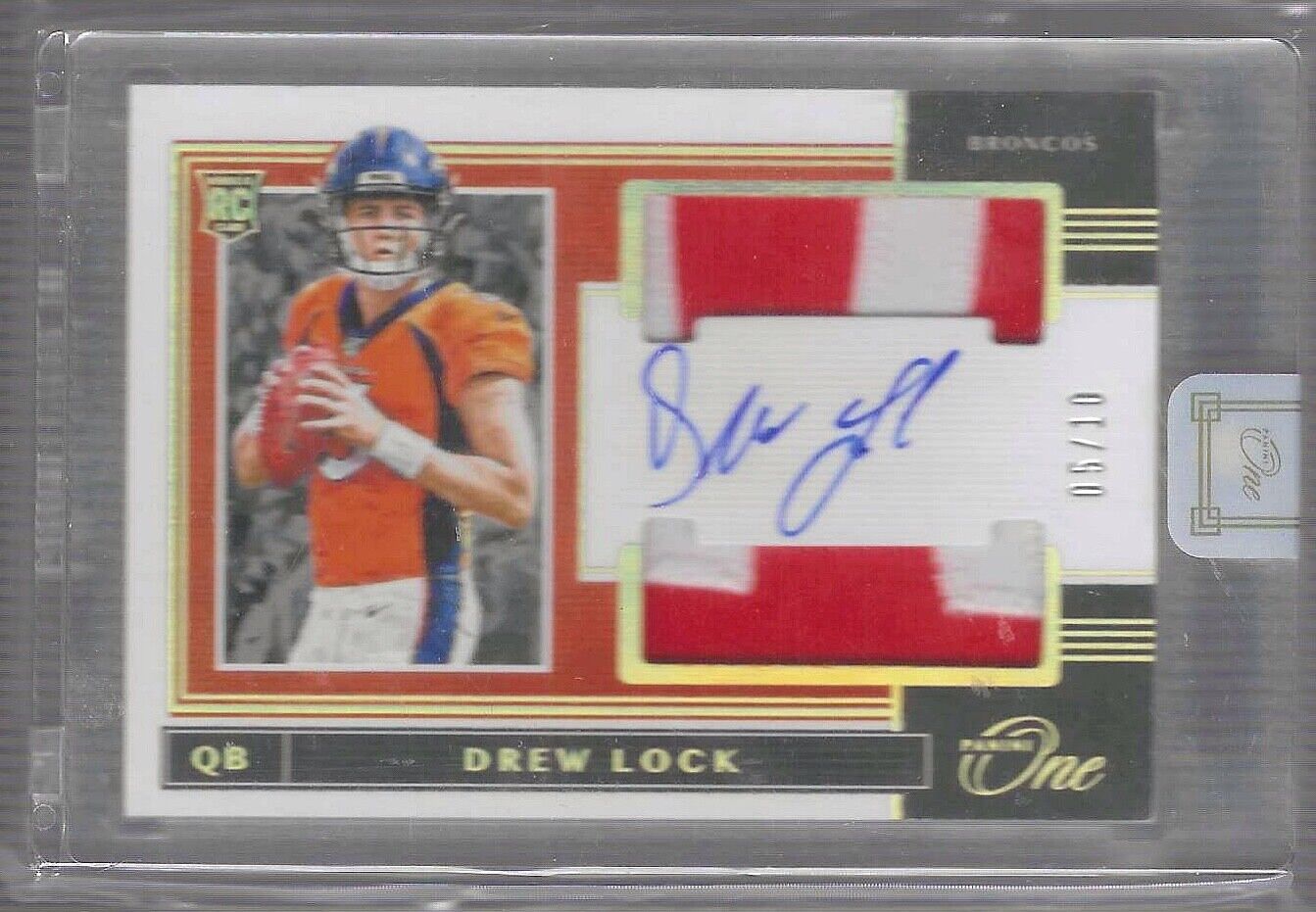 DREW LOCK 2019 PANINI ONE GOLD RPA ROOKIE DUAL PATCH AUTO RC #D 05/10