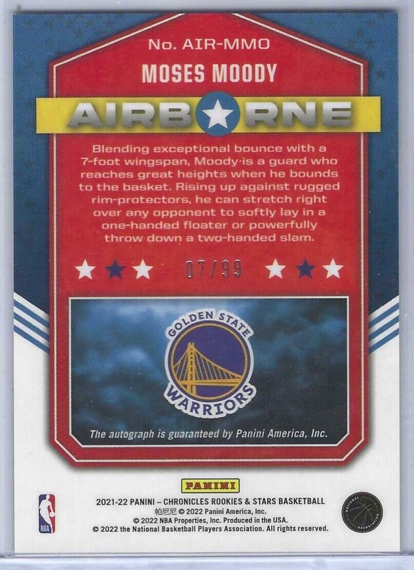 MOSES MOODY 2021-22 PANINI CHRONICLES ROOKIES AND STARS AIRBORNE AUTO RC #D 7/99