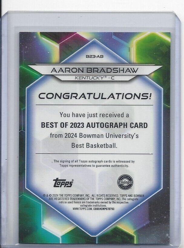 AARON BRADSHAW 2023 BOWMANS BEST UNIVERSITY KENTUCKY REFRACTOR AUTO #D 88/125