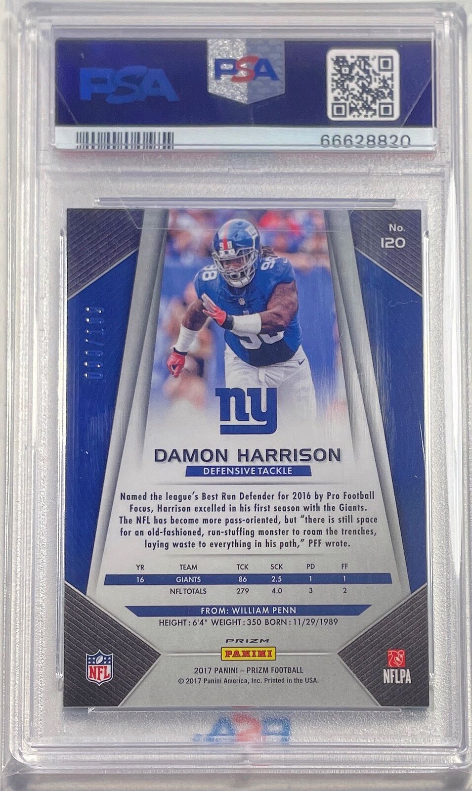 DAMON HARRISON 2017 PANINI PRIZM LIGHT BLUE RC #D 99/199 PSA 10 GEM POP 1/1