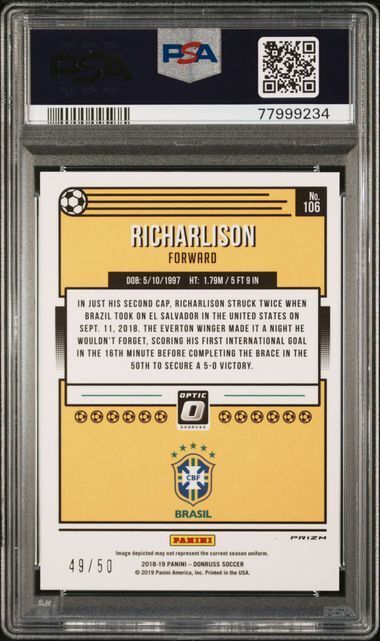 RICHARLISON 2018-19 PANINI DONRUSS OPTIC RED VELOCITY PRIZM #D /50 PSA 10 POP 5