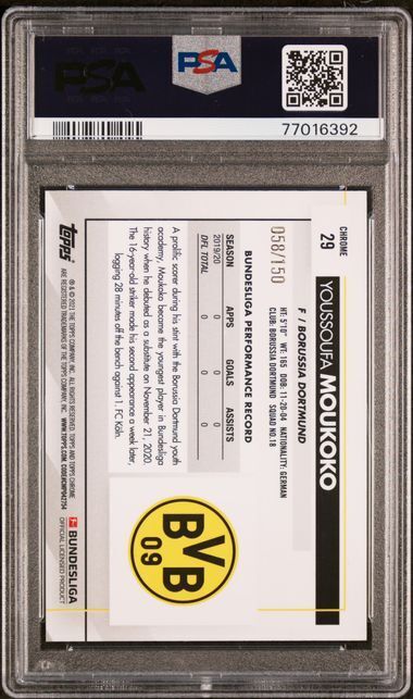 YOUSSOUFA MOUKOKO 2020 TOPPS CHROME BUNDESLGA BLUE WAVE REFRACTOR RC /150 PSA 10