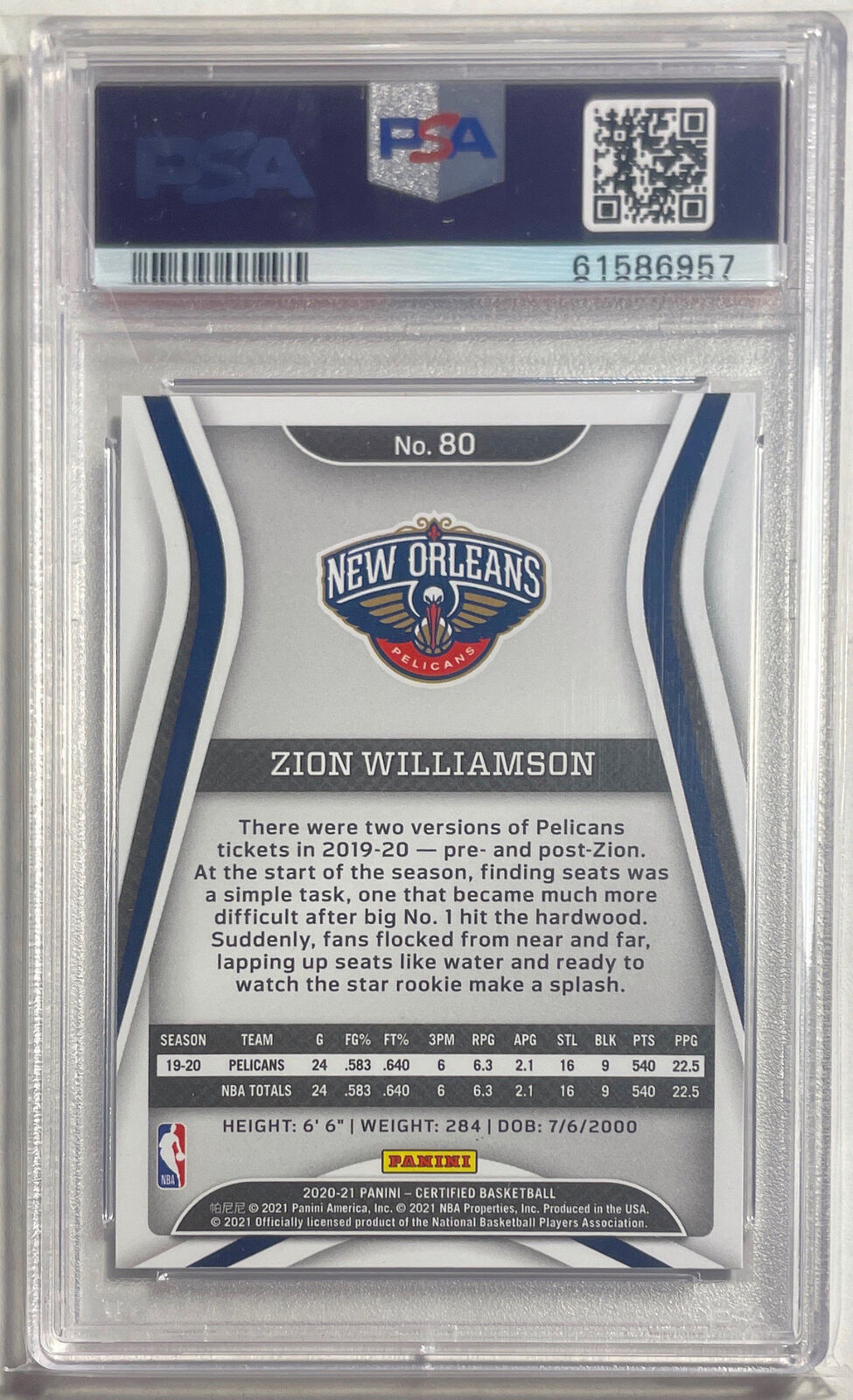 ZION WILLIAMSON 2020-21 PANINI CERTIFIED MIRROR BLUE #80 PSA 9 MINT POP 5
