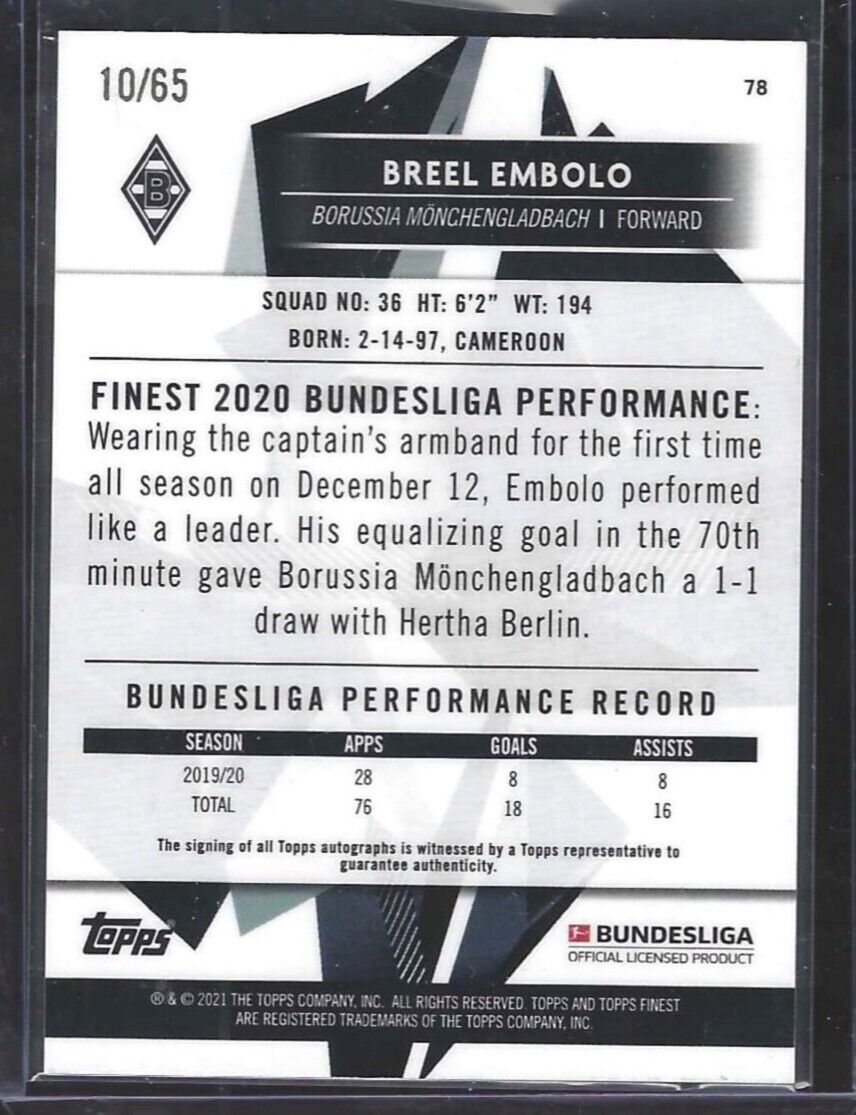 BREEL EMBOLO 2020-21 TOPPS FINEST BLUE REFRACTOR AUTO #D 10/65