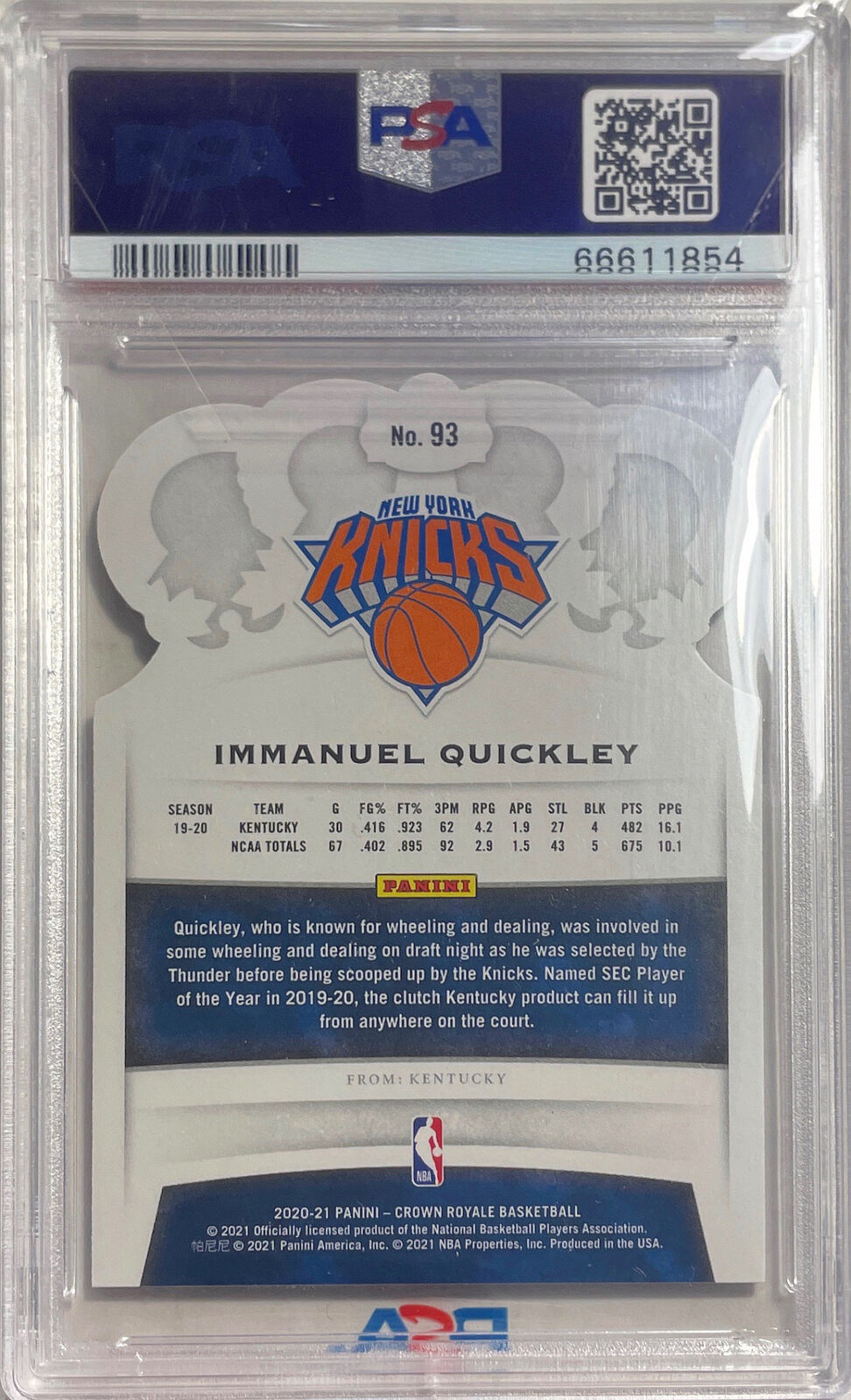 IMMANUEL QUICKLEY 2020-21 CROWN ROYALE CRYSTAL PURPLE RC #D 11/25 PSA 9 POP 1