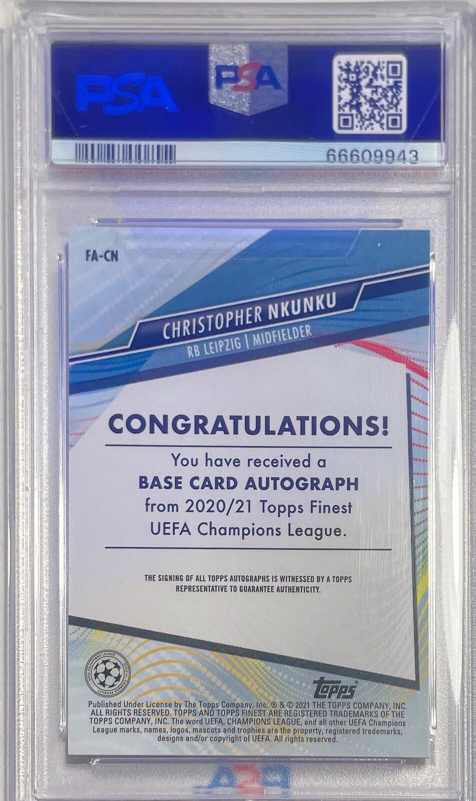 CHRISTOPHER NKUNKU 2020-21 TOPPS FINEST UCL AUTO REFRACTOR RC PSA 10 GEM POP 18