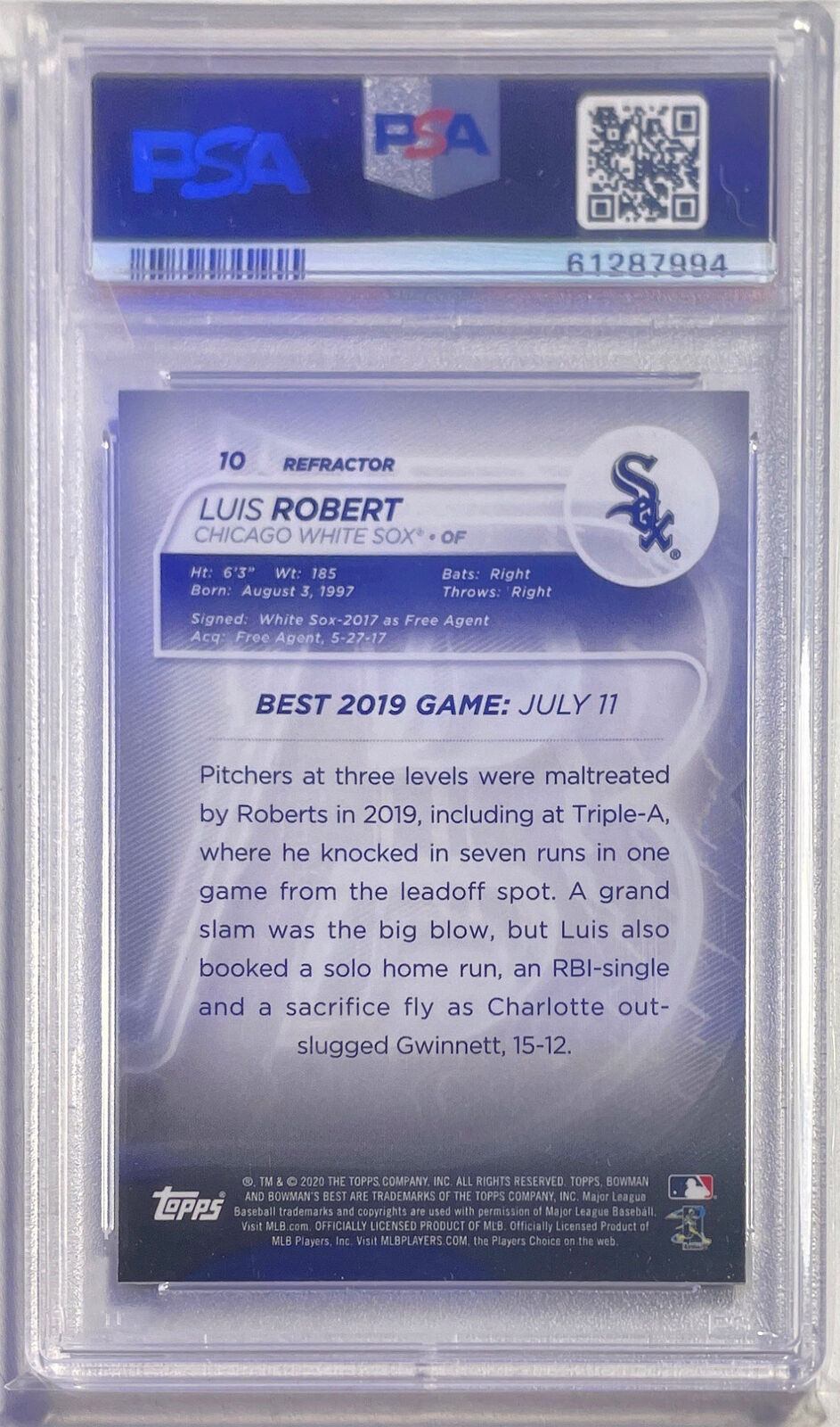 LUIS ROBERT 2020 BOWMAN'S BEST REFRACTOR ROOKIE RC #10 PSA 10 GEM MINT