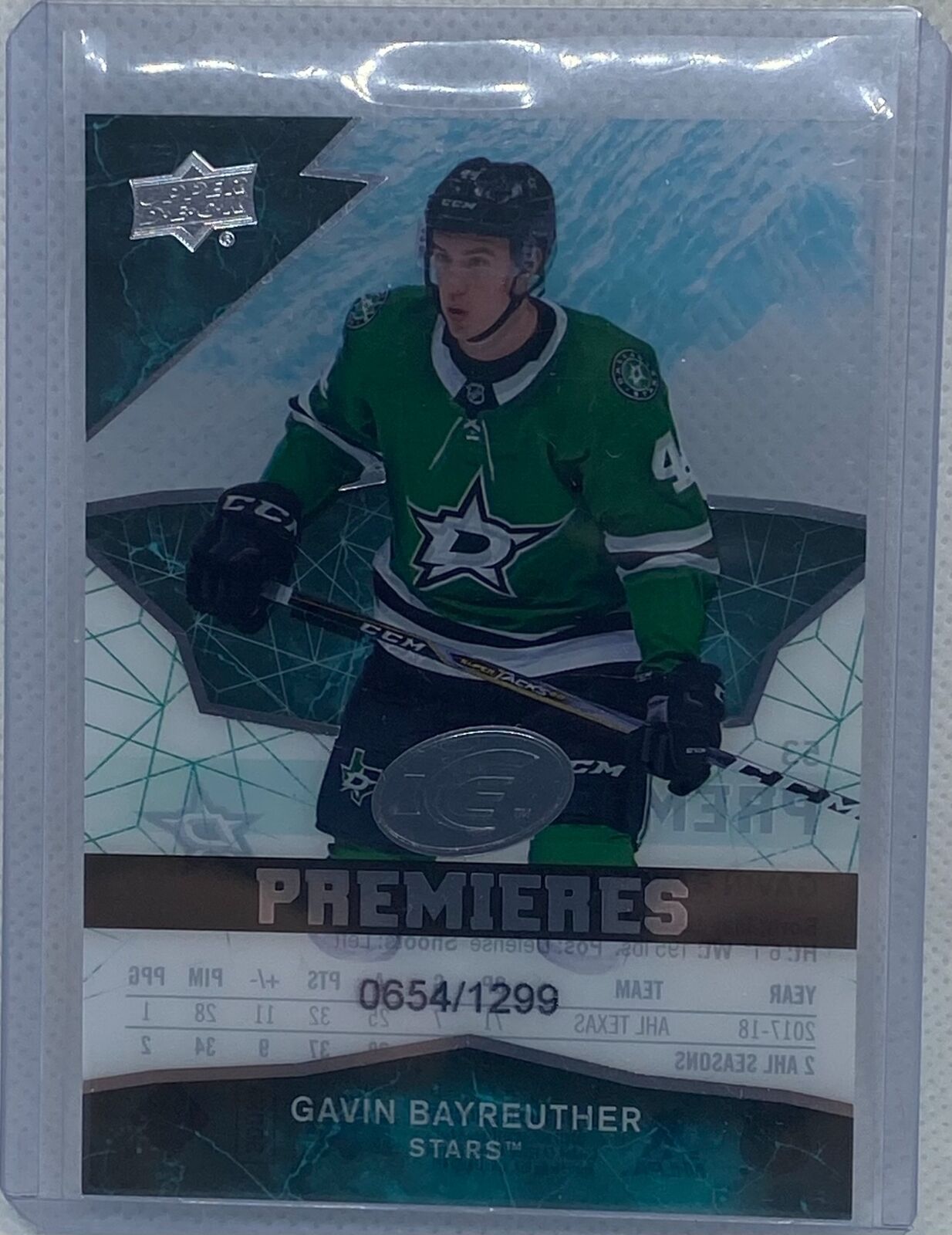 GAVIN BAYREUTHER 2018-19 UPPER DECK ICE PREMIERES LEVEL 5 RC #D 654/1299