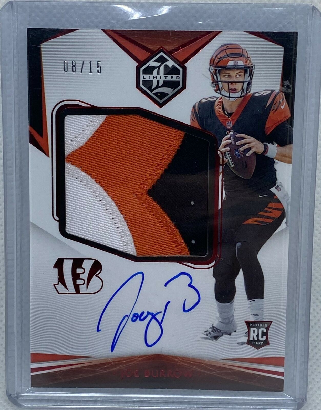 JOE BURROW 2020 PANINI LIMITED RED JUMBO PATCH ON CARD AUTO RC #D 8/15