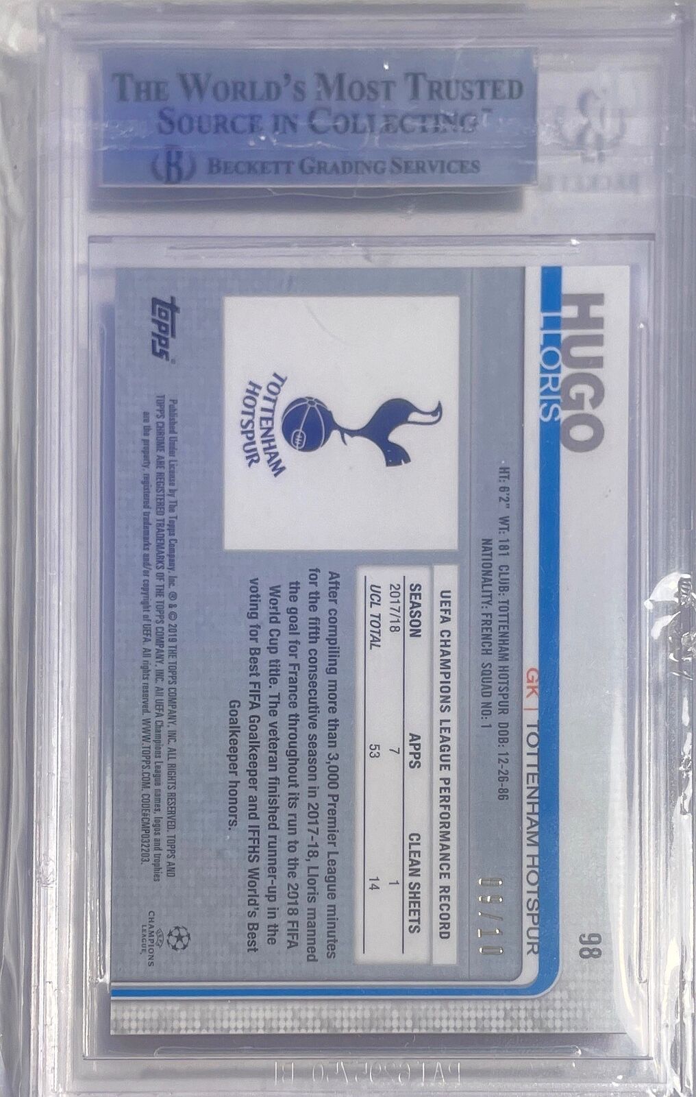 HUGO LLORIS 2018-19 TOPPS CHROME UEFA UCL RED REFRACTOR #D 09/10 BGS 9 POP 1/1