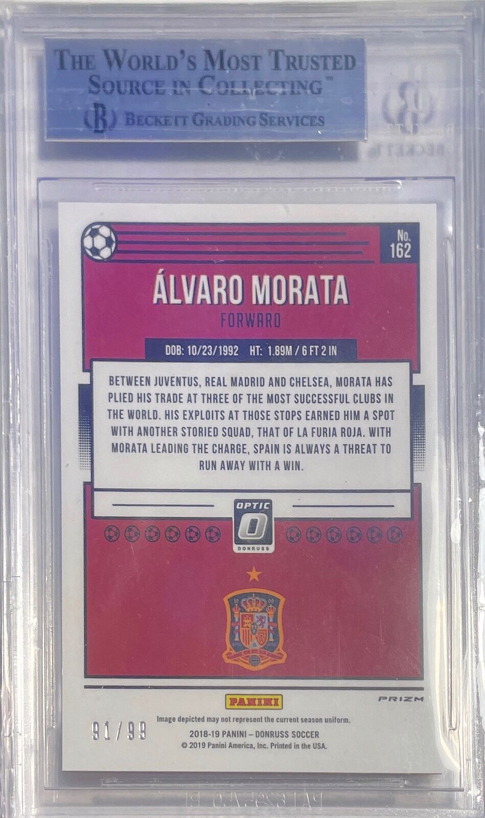 ALVARO MORATA 2019-20 DONRUSS OPTIC ORANGE HOLO PRIZM #D 91/99 BGS 8.5 POP 1/1