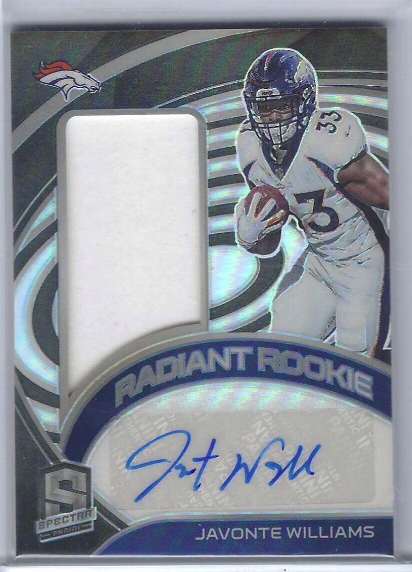 JAVONTE WILLIAMS 2021 SPECTRA SILVER PRIZM RADIANT ROOKIE PATCH AUTO RC #D 27/99