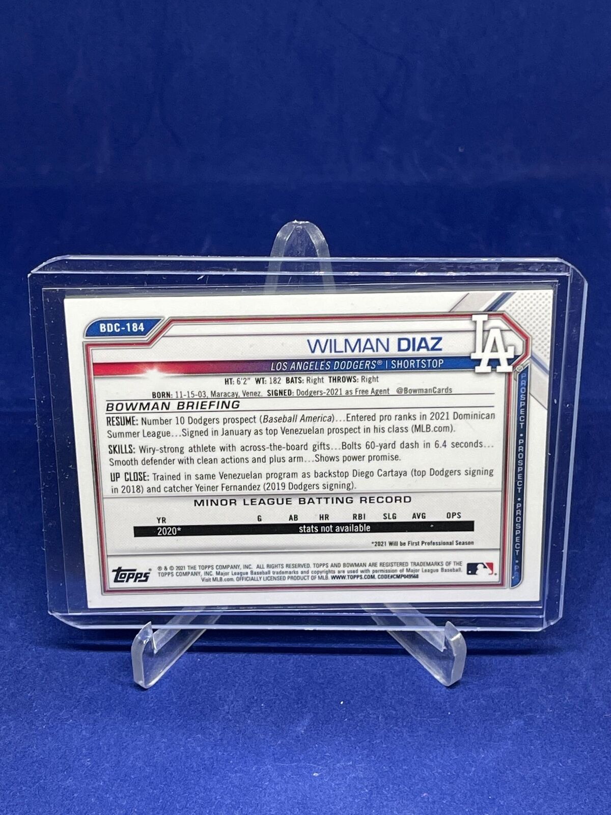 WILMAN DIAZ 2021 BOWMAN CHROME GOLD YELLOW LAVA REFRACTOR PROSPECT #D 2/75
