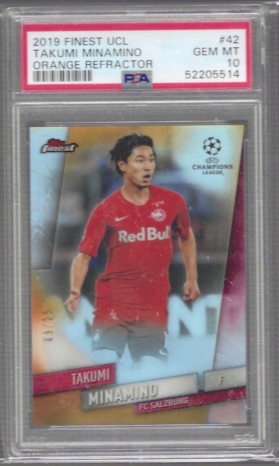 TAKUMI MINAMINO 2019-20 TOPPS FINEST UCL ORANGE REFRACTOR RC /25 PSA 10 POP 3