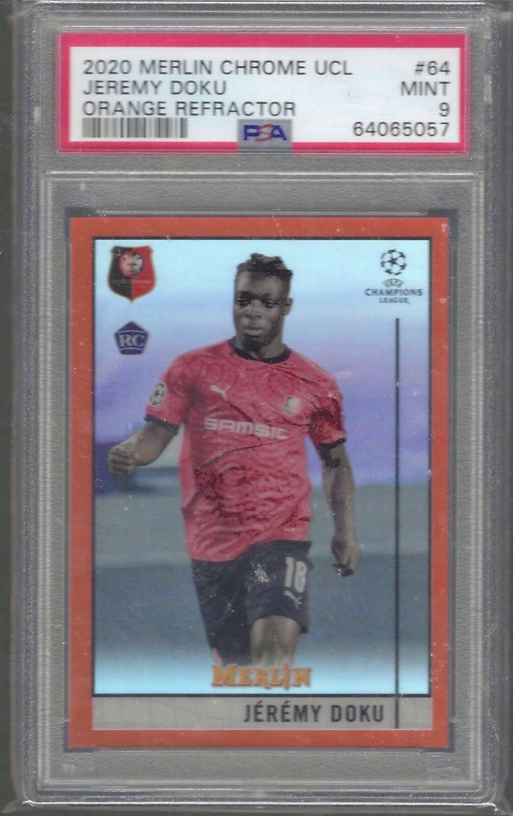 JEREMY DOKU 2020-21 MERLIN CHROME UCL ORANGE REFRACTOR RC /25 PSA 9 MINT POP 1/1