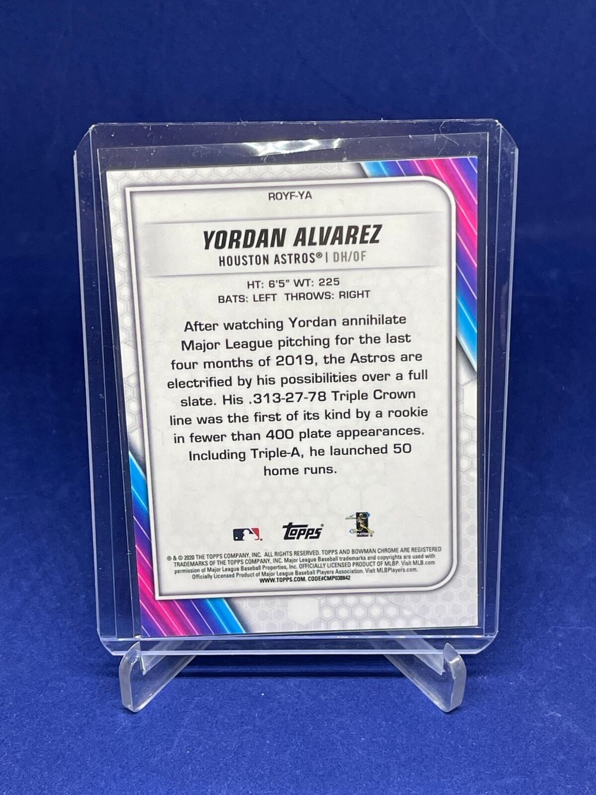 YORDAN ALVAREZ 2020 BOWMAN CHROME ROY FAVORITES PURPLE MOJO REFRACTOR RC /250