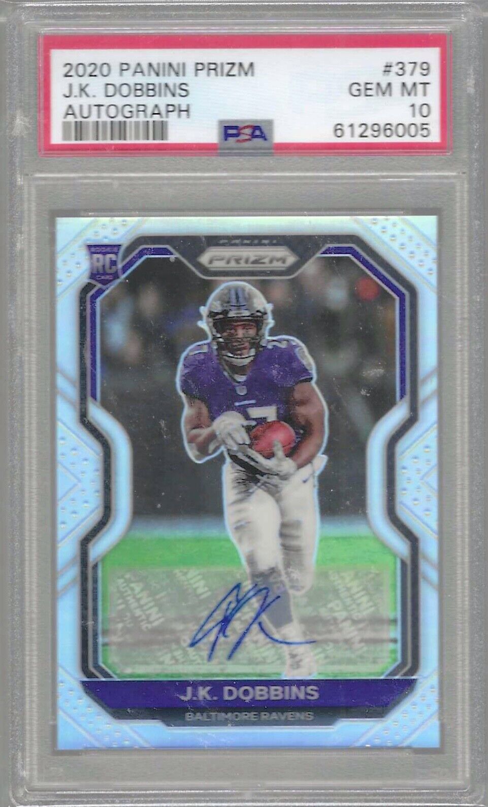 JK DOBBINS 2020 PANINI PRIZM SILVER PRIZM ROOKIE AUTO RC PSA 10 GEM MINT