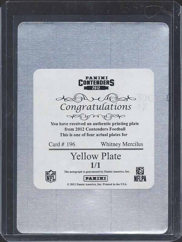 WHITNEY MERCILUS 2012 PANINI CONTENDERS YELLOW PRINTING PLATE AUTO RC #D 1/1