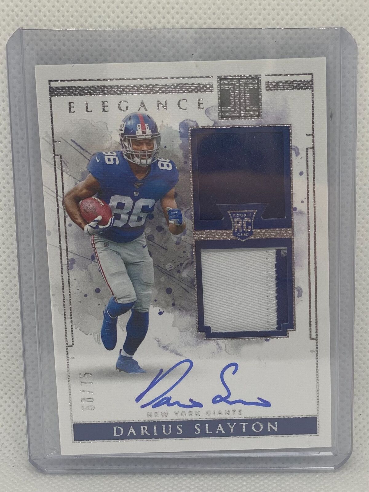 DARIUS SLAYTON 2019 IMPECCABLE ELEGANCE DUAL PATCH ON CARD AUTO RC #D 50/75