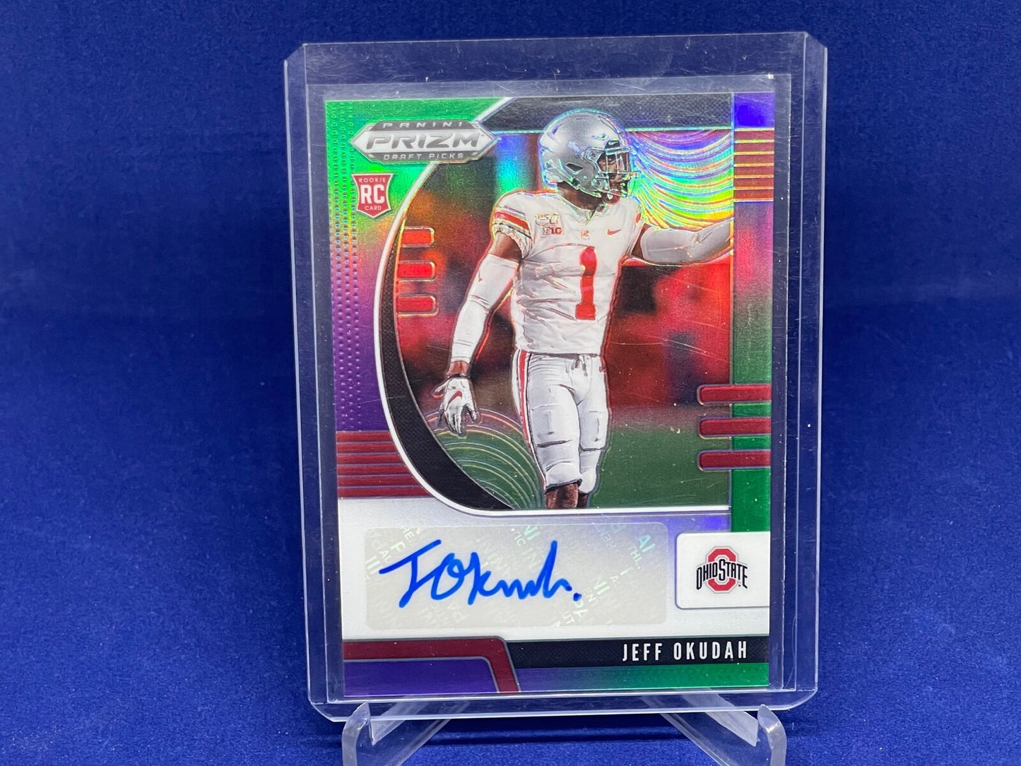 JEFF OKUDAH 2020 PANINI PRIZM DRAFT PICKS GREEN PURPLE PRIZM AUTO RC #D 126/199