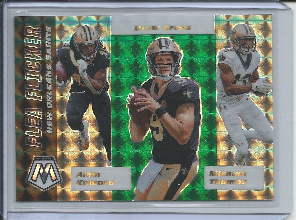 DREW BREES KAMARA THOMAS 2019-20 PANINI MOSAIC FLEA FLICKER GREEN PRIZM SAINTS