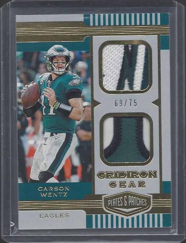 CARSON WENTZ 2019 PLATES & PATCHES GRIDIRON GEAR GOLD DUAL LOGO PATCH #D 69/75