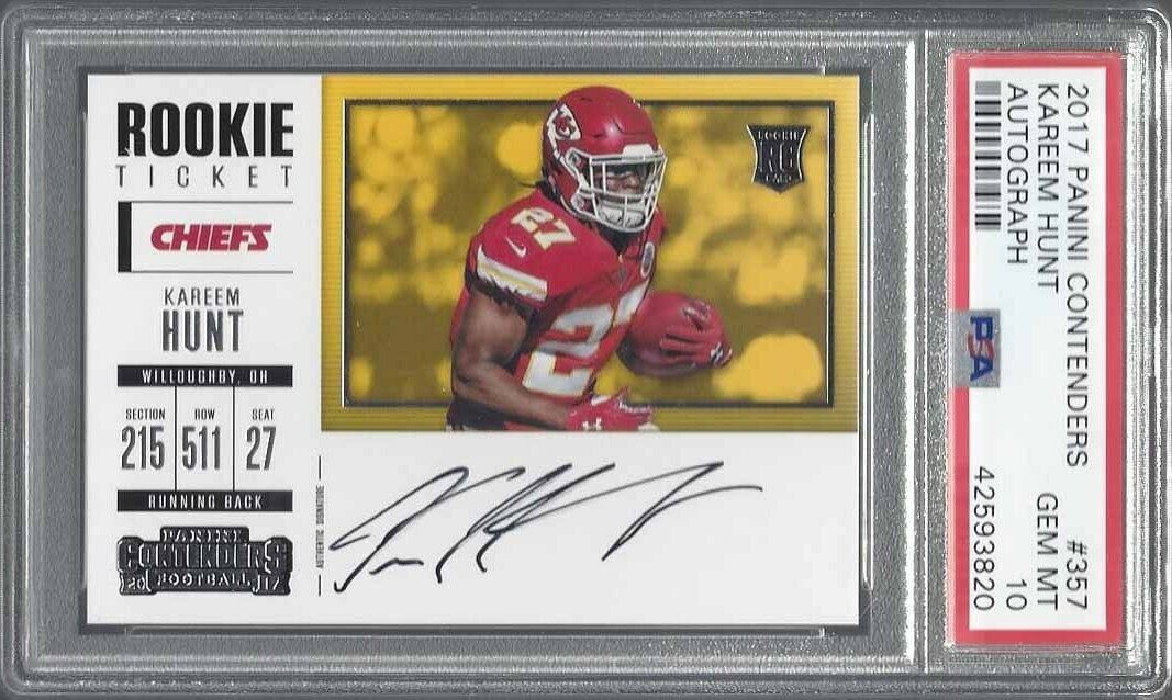 KAREEM HUNT 2017 CONTENDERS ROOKIE TICKET VARIATION ON CARD AUTO RC PSA 10 GEM