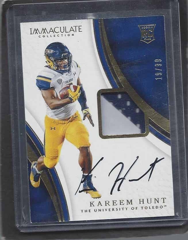 KAREEM HUNT 2017 IMMACULATE COLLECTION RPA 2 COLOR PATCH ON CARD AUTO RC #D /99