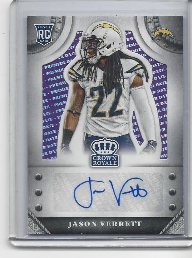 JASON VERRETT 2014 CROWN ROYALE PURPLE PREMIER DATE CHARGERS AUTO RC #D 7/14