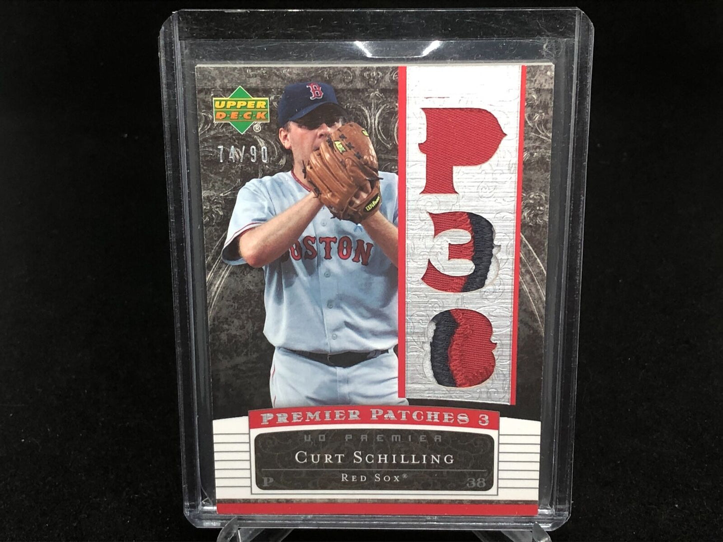 CURT SCHILLING 2097 UPPER DECK PREMIER PATCHES TRIPLE 3 COLOR PATCH #D 74/90