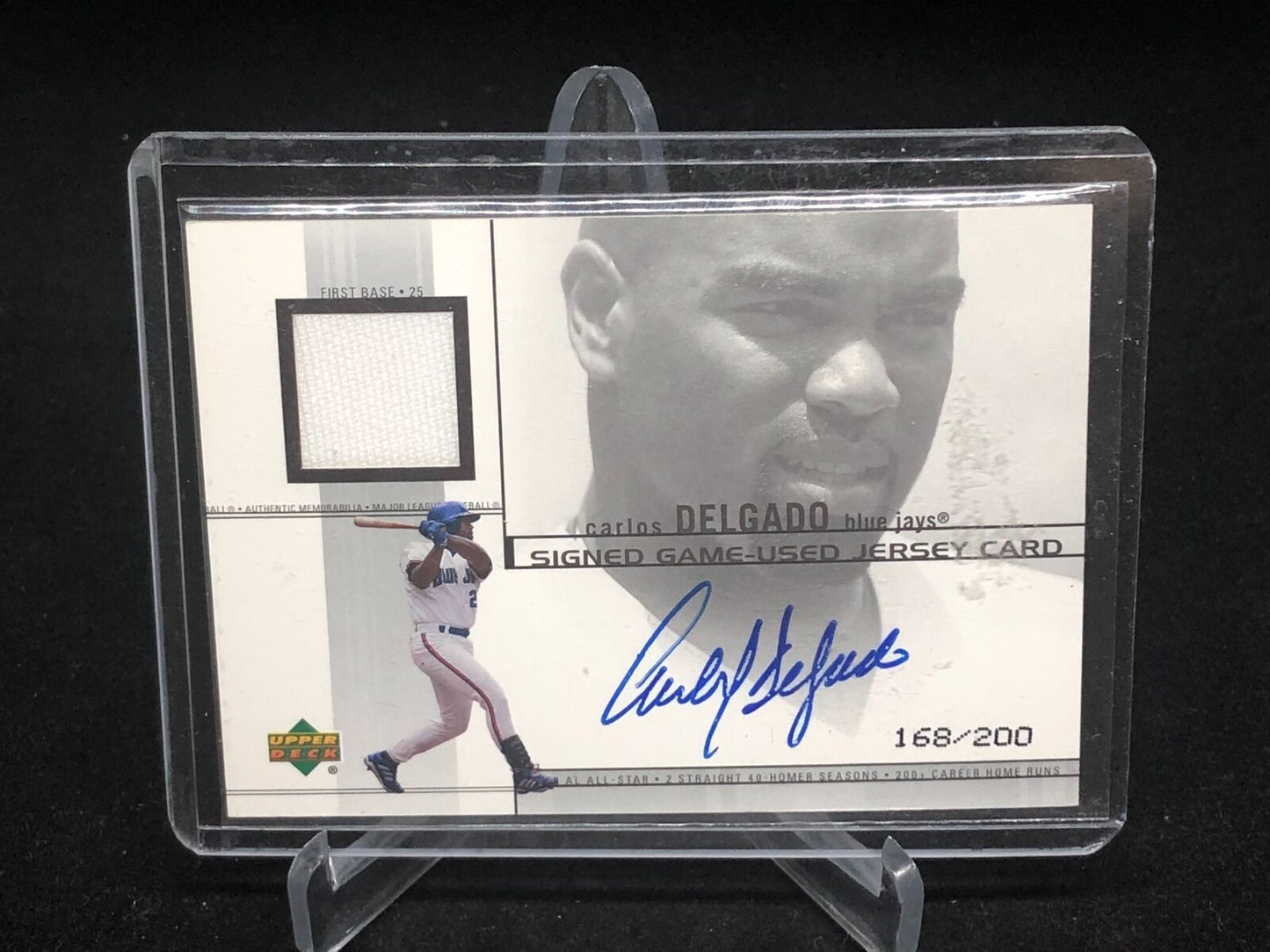 CARLOS DELGADO 2001 UPPER DECK GAME USED JERSEY ON CARD AUTO #D 168/200