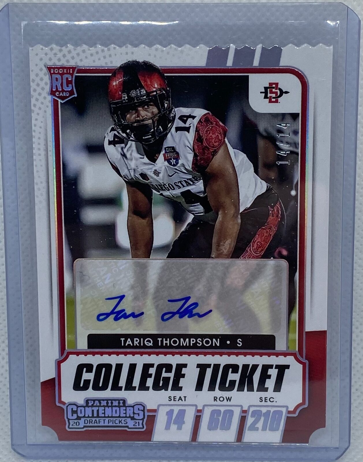 TARIQ THOMPSON 2021 PANINI CONTENDERS DP COLLEGE TICKET STUB AUTO RC #D 14/14