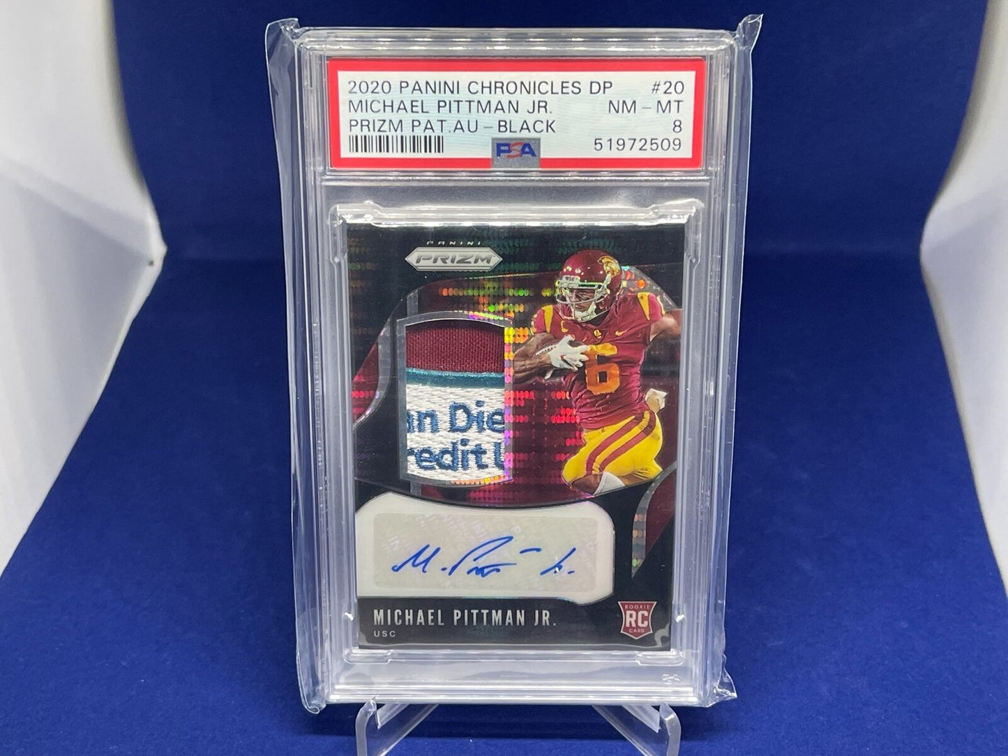 MICHAEL PITTMAN JR 2020 CHRONICLES PRIZM BLACK BOWL PATCH AUTO RC #D 2/7 PSA 8