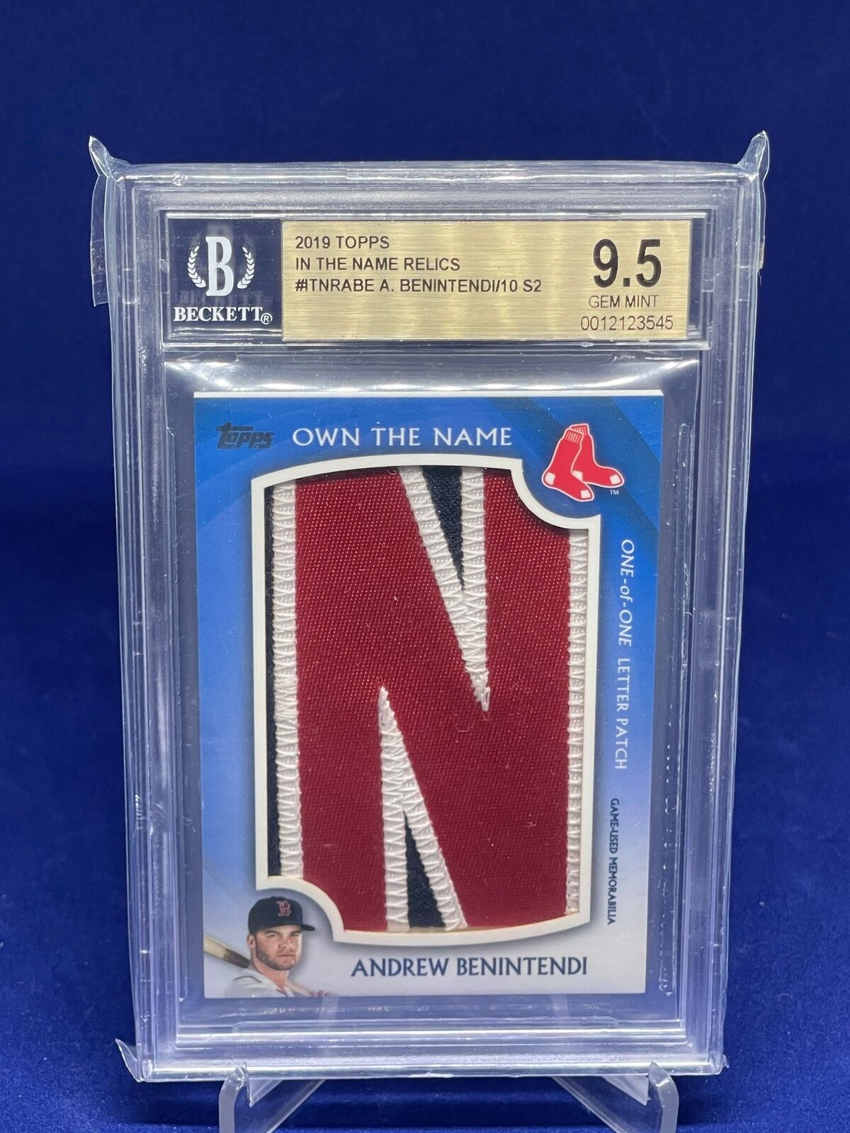 ANDREW BENINTENDI 2019 TOPPS IN THE NAME GAME USED "N" PATCH #D 1/1 BGS 9.5 GEM